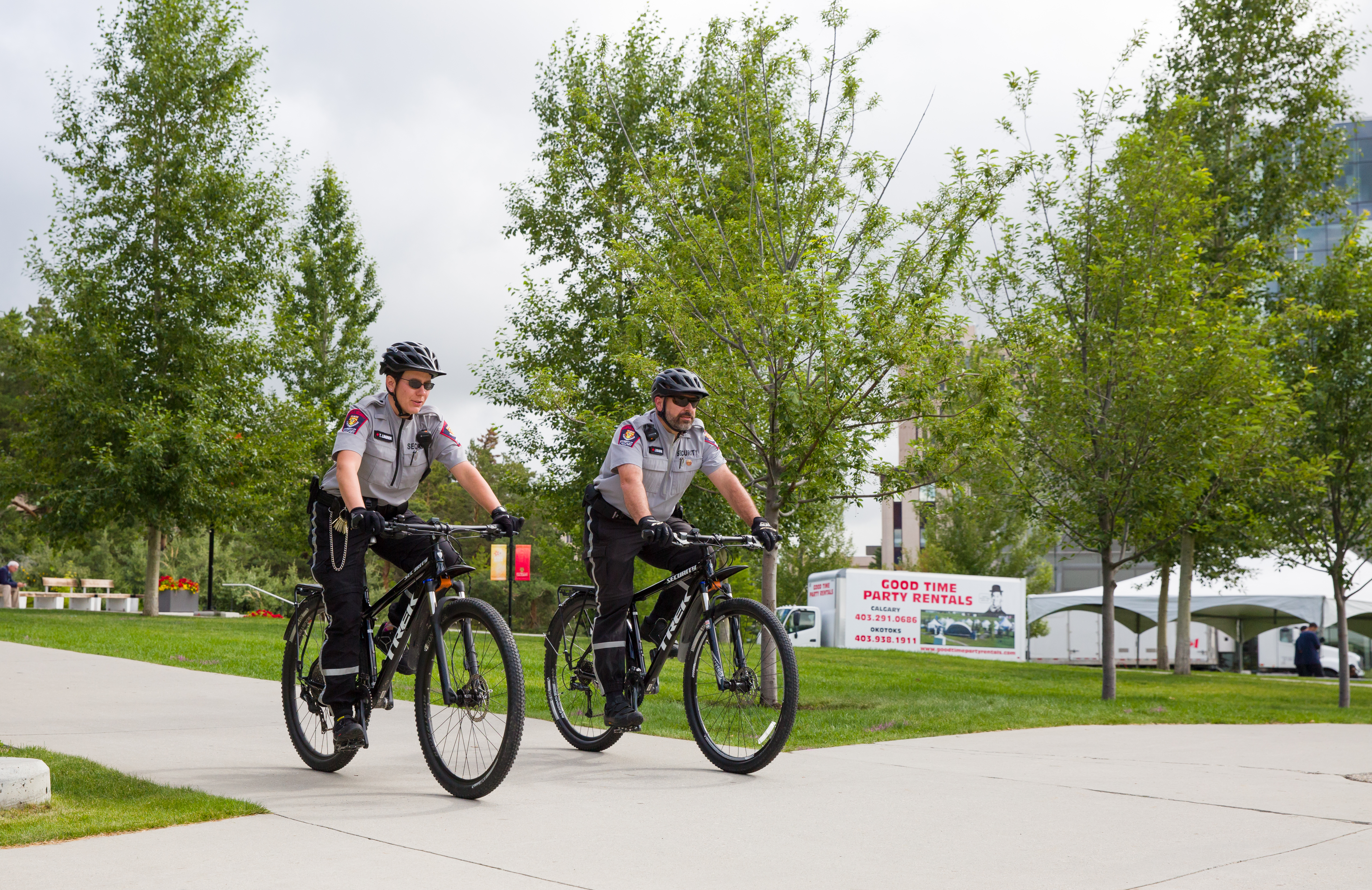 Security officers Jean Beaudoin and Tesha Ligren are the first non-police officers to complete instructor training for bike units in Colorado.